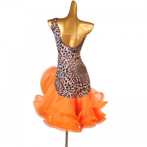 orange with leopard sexy slant neck latin dance dresses for women girls salsa rumba cha cha dancing skirts ballroom dancing outfits for woman